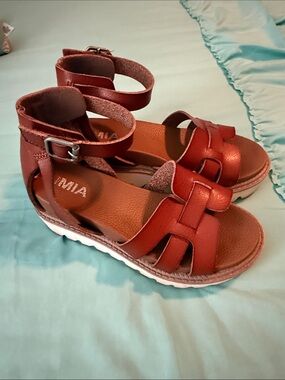 MIA Girls' Red Brown Strappy Ankle-Wrap Sandals